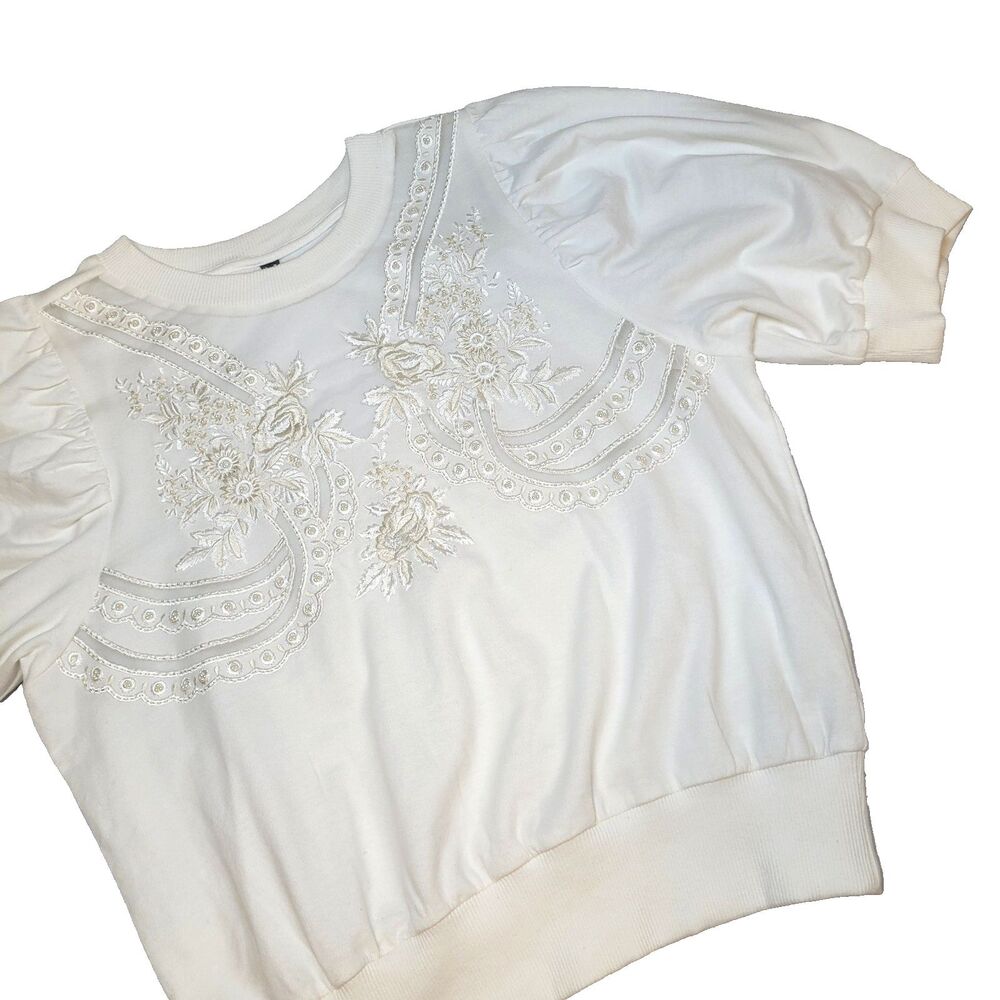 By Anthropologie Wmn Embroidered Beaded Puff Sleeve Sweatshirt Top Ivory Sz Med - Picture 2 of 13